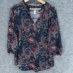 PerSeption Concept Blouse Women XL Blue Paisley V-Neck 3/4 Sleeve Pullover